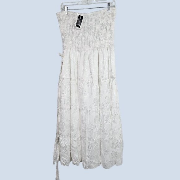 NWT WHITE HOUSE BLACK MARKET Midi Dress WHITE w SILVER Floral size L Smocked - Picture 4 of 11